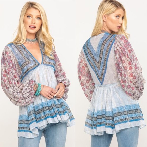 Free People Tops - NEW Free People Boho Blue Aliyah Tunic Top Shirt